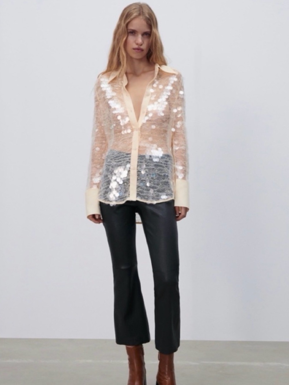 ZARA Sequin Semi Mesh Cream Long Sleeve Button Down Top Sz M Modern Glam